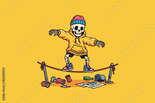 Skeleton character balancing on a tightrope wearing casual cloth