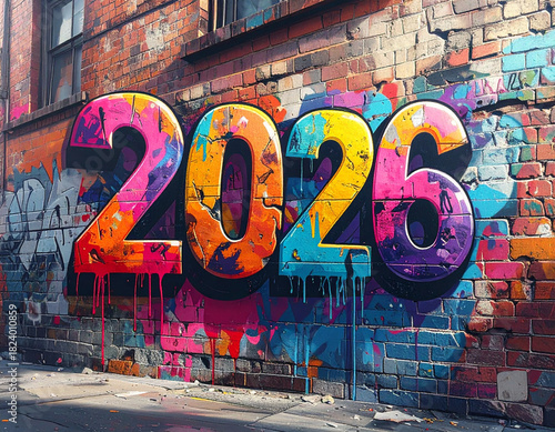 The year 2026 depicted as vibrant and colorful street art graffiti on a weathered city brick wall background