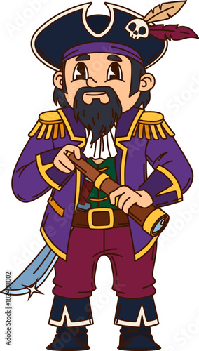 Corsair pirate crew captain with spyglass cartoon character. Funny pirate mascot, corsair isolated vector character. Sailor captain or fighter personage wearing tricorn hat with skull and feathers