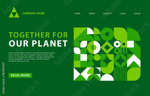 Green landing page of ecology business company with geometric pattern, vector template. Landing page menu layout for environment protection and planet ecology or green nature conservation project