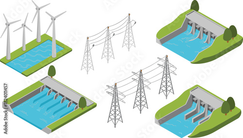 Isometric renewable energy illustration with wind turbines, hydroelectric dams, power transmission lines, water canals, green energy infrastructure, eco power systems