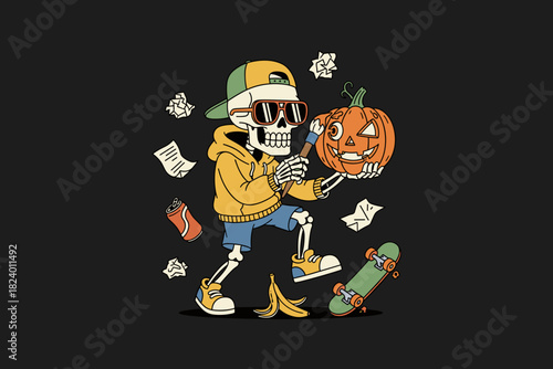Skeleton holding a carved pumpkin with a skateboard nearby.