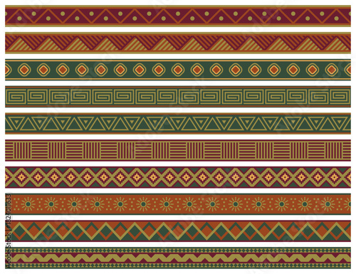 Ethnic Geometric Border Pattern Set, Tribal Decorative Lines and Traditional Ornament Stripes in Colorful Vector Design