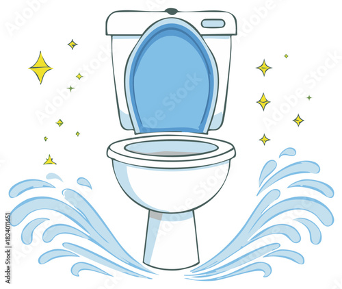 Clean toilet with sparkling water splashes and stars illustration