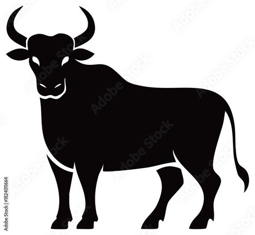 Strong powerful black bull silhouette standing majestic animal icon graphic design