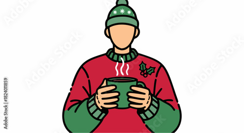 a man in sweater holding a cup of hot chocolate christmas theme vector