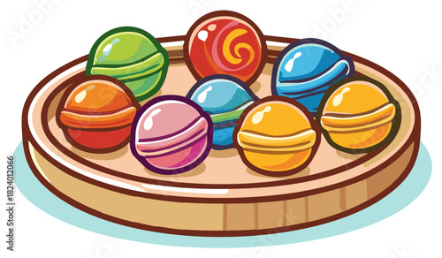 Colorful candy-like sweets on a round plate illustration