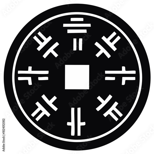 Traditional Chinese prosperity coin symbol featuring ancient characters and a central square design