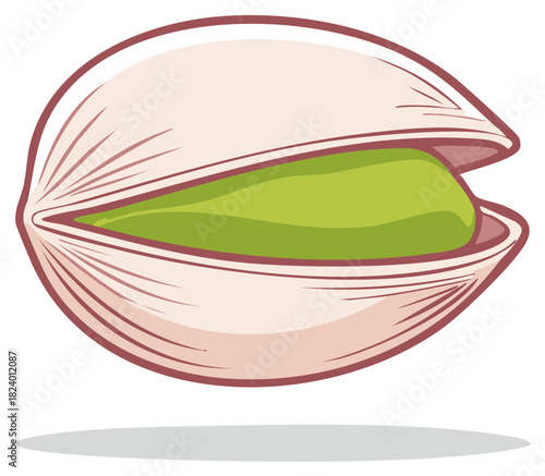 Vibrant green pistachio nut peeking from a naturally cracked light colored shell vector illustration