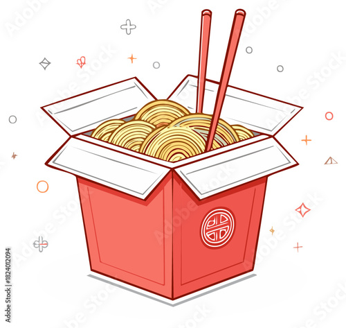 Cartoon illustration of a takeout noodle box filled with noodles and chopsticks