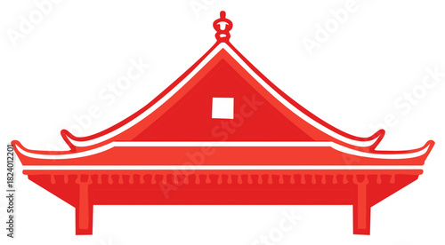 Red Asian Architecture Illustration with Pagoda Roof and Temple Details, vector design
