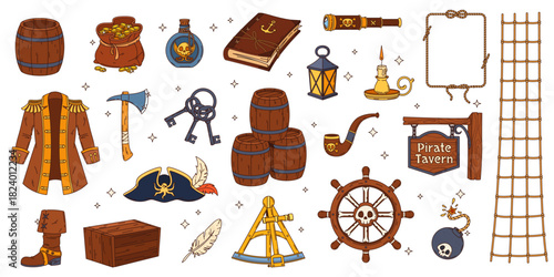 Cartoon groovy pirate and corsair objects set. Vector psychedelic treasure chest, gold and pirate captain hat, sea ship wheel and logbook. Retro groovy corsair rope, rum, spyglass and smoking pipe set