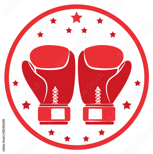 Red Boxing Gloves Icon with Stars in a Circle Frame - Sparring Equipment Design