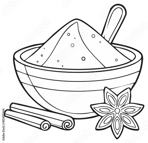 Aromatic spice powder in a bowl with cinnamon sticks and star anise line art illustration
