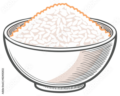 Engraving style illustration of a ceramic bowl filled with cooked white rice grains