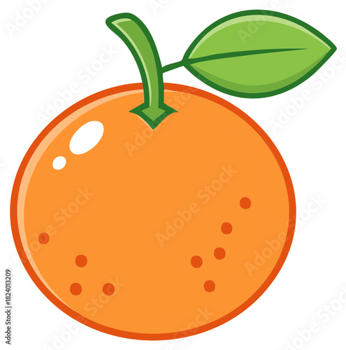 Fresh Orange Fruit with Green Leaf and Stem Cute Cartoon Illustration