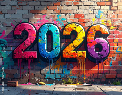 Colorful 2026 graffiti mural spray-painted on a weathered urban brick wall. Street art celebrating the new year with vibrant dripping colors