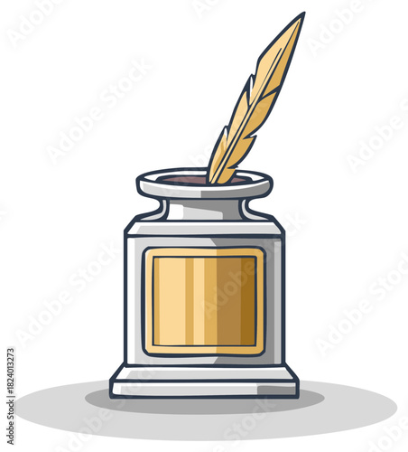 Cartoon inkwell with a feather quill pen for old fashioned writing illustration