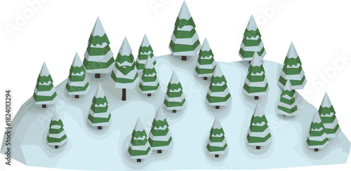 Low poly winter forest with snow-covered pine trees, 3D isometric landscape, stylized polygonal terrain and evergreen woodland scene