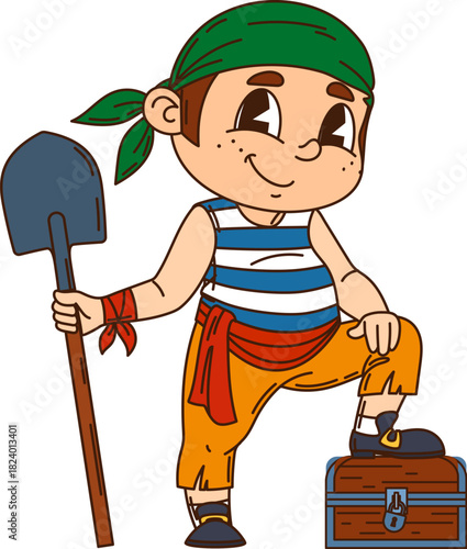 Boy kid pirate sailor cartoon cute character. Child corsair skipper or boatswain happy mascot, pirate crew cheerful vector character. Kid boatswain funny personage with shovel and treasure chest