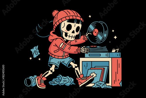 Skeleton DJ playing vinyl records with enthusiasm and style.