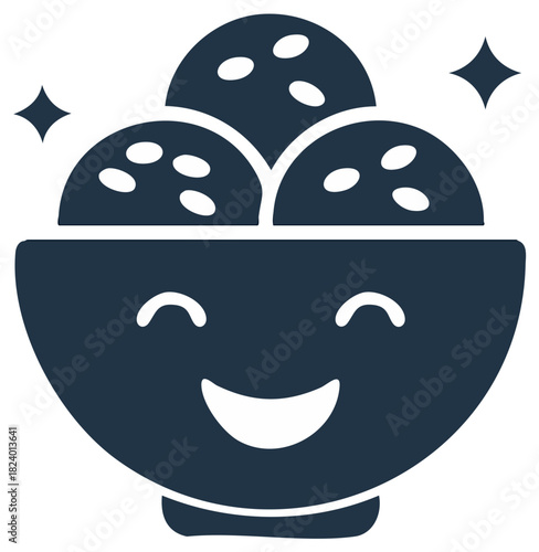Delicious Dessert Balls with Smiling Face Bowl Sweet Delight and Twinkling Stars Icon