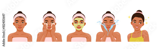 Skin pore cleaning, cartoon young woman character cleansing face, applying mask, washing and showing glowing clear skin after beauty treatment. Vector skin cleansing, face care routine steps banner