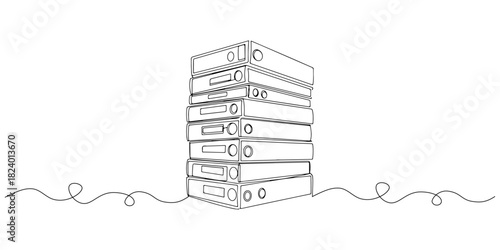 Continuous one line drawing of a stack of tiered folders with labels, depicting an archive management system, line art style vector illustration.