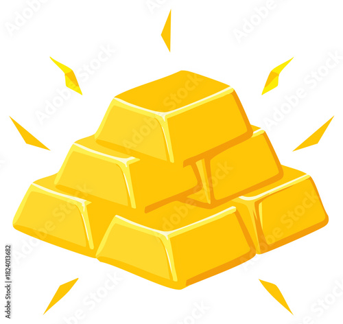Brightly illustrated gold ingots stacked in a sparkling pyramid shape