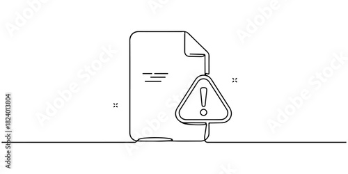 Continuous one line drawing of a file error icon with exclamation mark, depicting a corrupt or problematic file, line art style vector illustration.