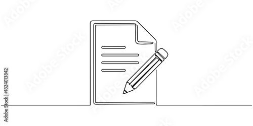 Continuous one line drawing of a document file with pencil symbol, depicting the file being edited, line art style vector illustration.