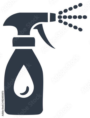 Minimalist spray bottle icon spraying liquid mist with water droplet symbol. Cleaning and hydration graphic.