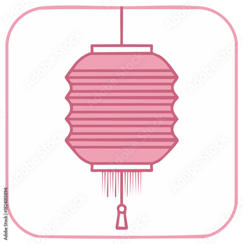 Hanging pink paper lantern with tassel and horizontal stripes inside a rounded square