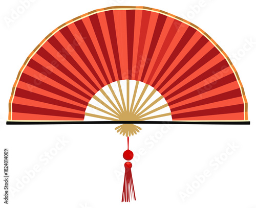 Traditional Red Asian Folding Hand Fan with Tassel Vector Illustration
