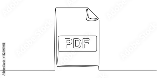 Continuous one line drawing of a PDF file icon with folded corners, representing a popular digital document, line art style vector illustration.