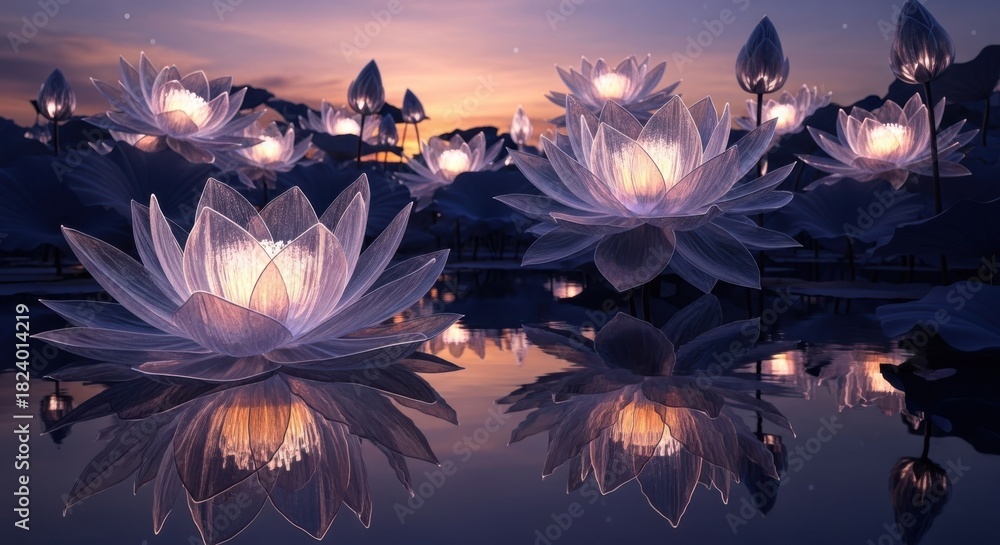 Obraz premium Magical glowing lotus flowers on a serene twilight lake