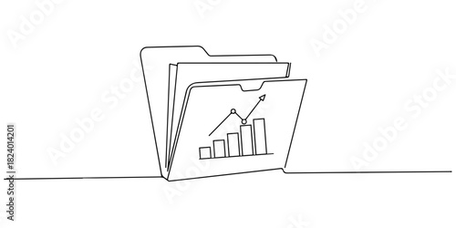 Continuous one line drawing of an open folder with a graph icon inside, depicting a financial report folder or visual data, line art style vector illustration.