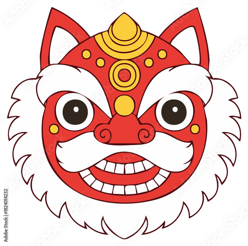 Stylized illustration of a traditional red and gold Chinese lion head for Lunar New Year celebration
