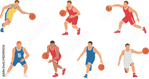 Set of flat basketball player illustrations showing dribbling, defending, and running actions in various uniforms for sports design and athletic concepts