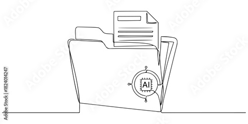 Continuous one line drawing of a file icon with an AI symbol in the middle, depicting a data file generated by artificial intelligence, line art style vector illustration.
