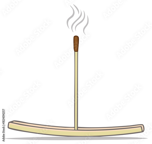 Isolated smoking incense stick on wood stand emitting smoke for aromatherapy.