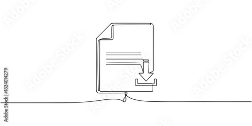 Continuous one line drawing of a digital file icon with a download symbol, depicting a file being downloaded, line art style vector illustration.