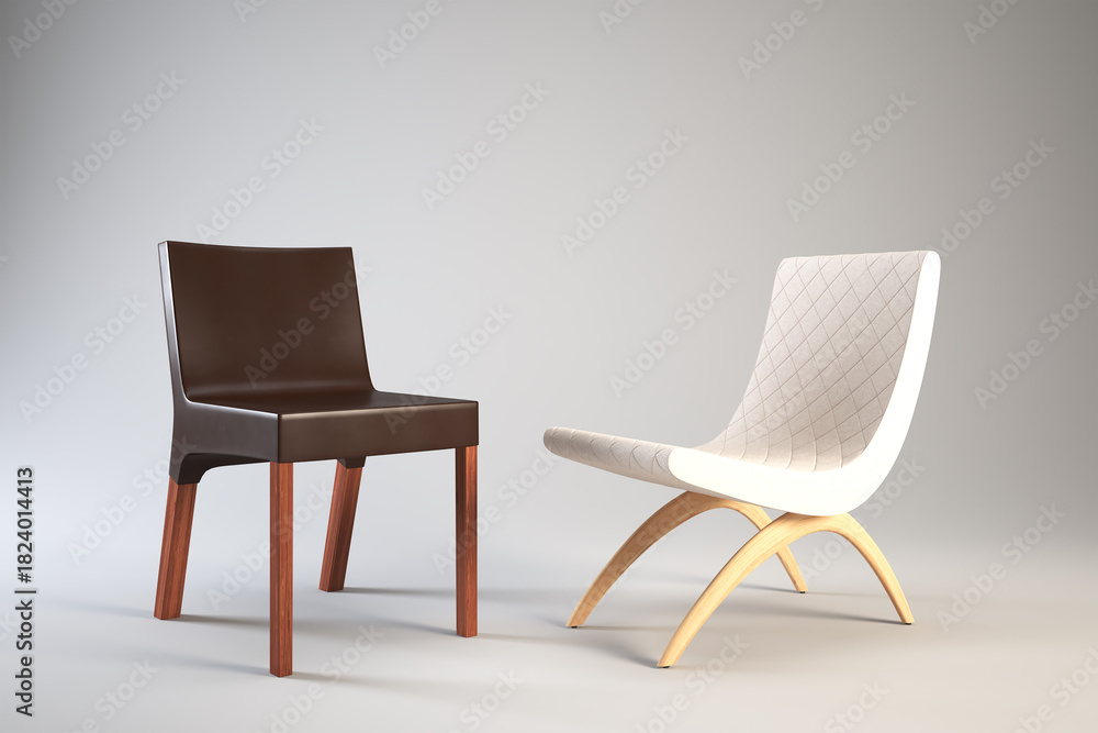 Fototapeta premium Two chairs one brown and one diamond patterned white.