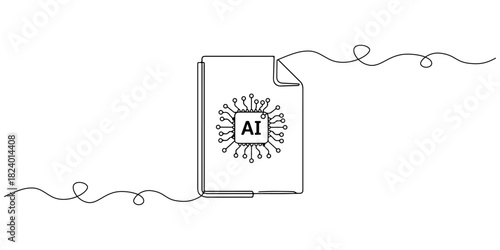 Continuous one line drawing of a file icon with an AI symbol in the middle, depicting a data file generated by artificial intelligence, line art style vector illustration.