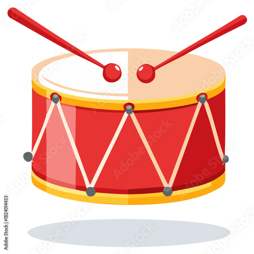 Cartoon red drum with drumsticks illustration musical percussion instrument for music lesson design and decoration