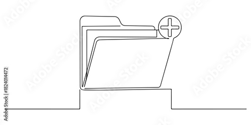 Continuous one line drawing of a folder with a plus sign above it, depicting creating a new folder, line art style vector illustration.