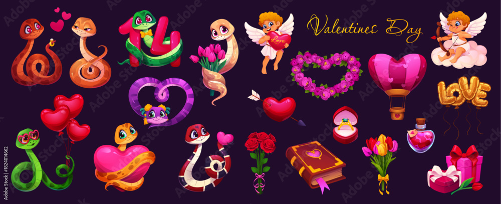 Obraz premium Cartoon Valentine day holiday characters and love symbols, vector hearts and cupids. Valentine day love characters of snakes couple with cherub angels on clouds, wedding ring and gifts with flowers
