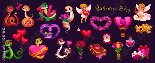 Cartoon Valentine day holiday characters and love symbols, vector hearts and cupids. Valentine day love characters of snakes couple with cherub angels on clouds, wedding ring and gifts with flowers