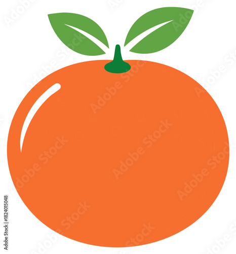 Vibrant orange fruit illustration with two leaves, ripe fruit graphic design, vector icon for healthy food concepts