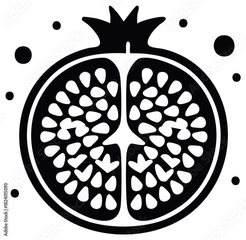 Stylized Black and White Pomegranate Halved with Seeds and Scattered Dots